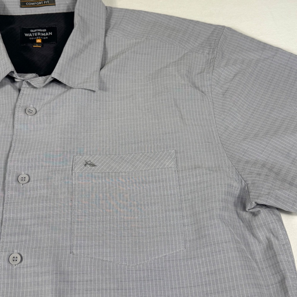 Quiksilver Waterman Shirt Large Grey Grid Short Sleeve Comfort Fit Button Up - Picture 10 of 12